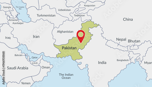 Pakistan location on the map with pin location marker3. Vector flat template.