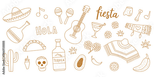 Mexican Fiesta Doodle Icons with Sombrero Guitar and Tequila maracas cactus