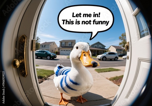 Curious Duck at Doorstep with Humorous Speech Bubble Asking to Be Let Inside at a Residential Home