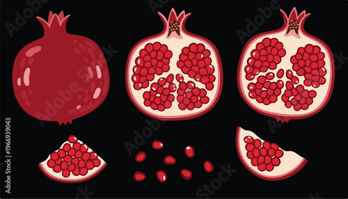 Pomegranate Fruit Vector Set with Whole, Halved, and Sliced Pieces with Seeds on Black Background