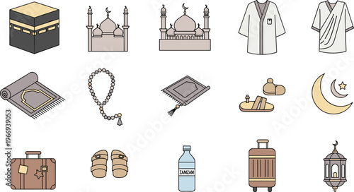 Hajj and Umrah islamic icons set Kaaba mosque prayer items pilgrimage travel symbols vector illustration collection