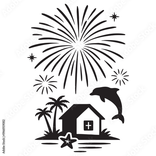 Festive Island Celebration: Witness a whimsical celebration on a tropical island. Delight in the radiant display of fireworks, featuring a playful dolphin, serene palm trees.