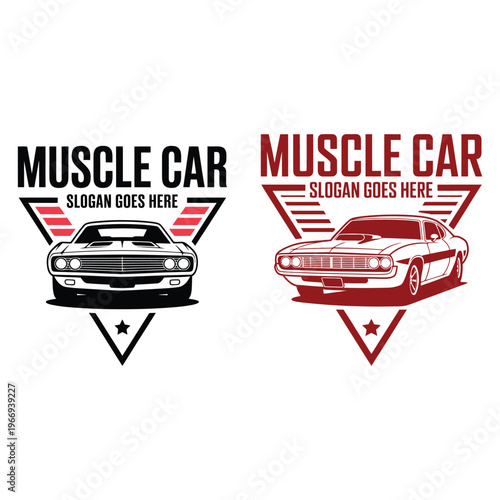 Dual muscle car logos in black and red slogan triangle