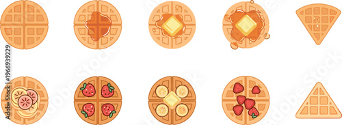 Delicious waffles collection with toppings strawberry banana butter sweet breakfast dessert vector illustration set