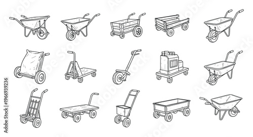 Handdrawn line art collection showcasing diverse manual transport equipment such as wheelbarrows, utility carts, platform dollies, and hand trucks, perfect for construction, gardening, and