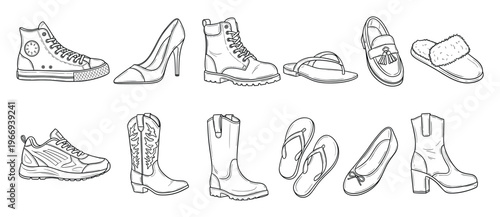 A collection of various footwear types for men and women including athletic shoes, casual sandals, formal heels, and work boots, perfect for apparel catalogs or accessory guides.