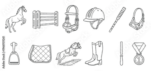 A complete set of equestrian equipment and horse riding essentials, featuring rearing and jumping horses along with various gear, ideal for sport event promotion and educational materials.