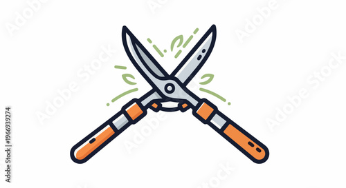Crossed garden shears with stylized green leaves and sprigs