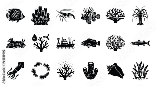 Comprehensive collection of marine life and oceanography glyphs showcasing diverse fish, coral, crustaceans, and a research vessel, ideal for educational resources and aquatic presentations.
