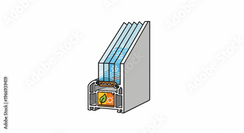Cross-section of a modern window with multiple glass panes and insulated frame