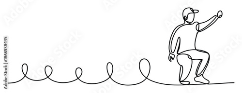 Minimalist continuous line drawing depicting a crouching figure in a cap with a raised arm, connecting to an abstract flowing path, perfect for contemporary graphic presentations and visual