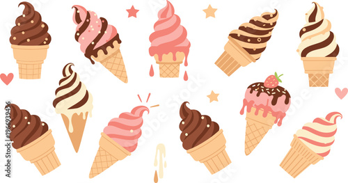 Ice cream cone set chocolate vanilla strawberry soft serve dessert collection sweet food cartoon vector illustration