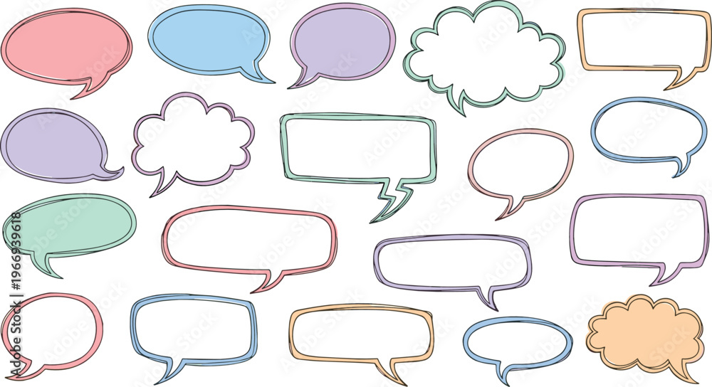 Obraz premium Colorful hand drawn speech bubbles collection doodle style chat frames comic dialog shapes vector illustration set