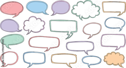 Colorful hand drawn speech bubbles collection doodle style chat frames comic dialog shapes vector illustration set