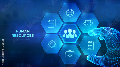 Human Resources. HR management, headhunting, recruitment, employment. Human social network and leadership. Wireframe hand places an element into a composition visualizing HR. Vector illustration.