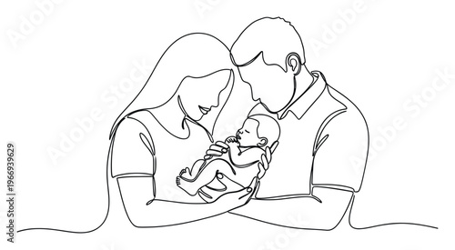 A loving family portrait depicted in a single continuous line drawing style, symbolizing unity and new beginnings, perfect for celebrating family bonds or maternity care applications.