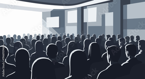 Crowd of silhouetted people attending a presentation in a modern conference hall