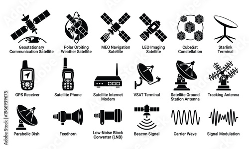 Diverse collection of satellite communication technology equipment icons and essential signal processing concepts for telecommunications, space exploration, and network infrastructure