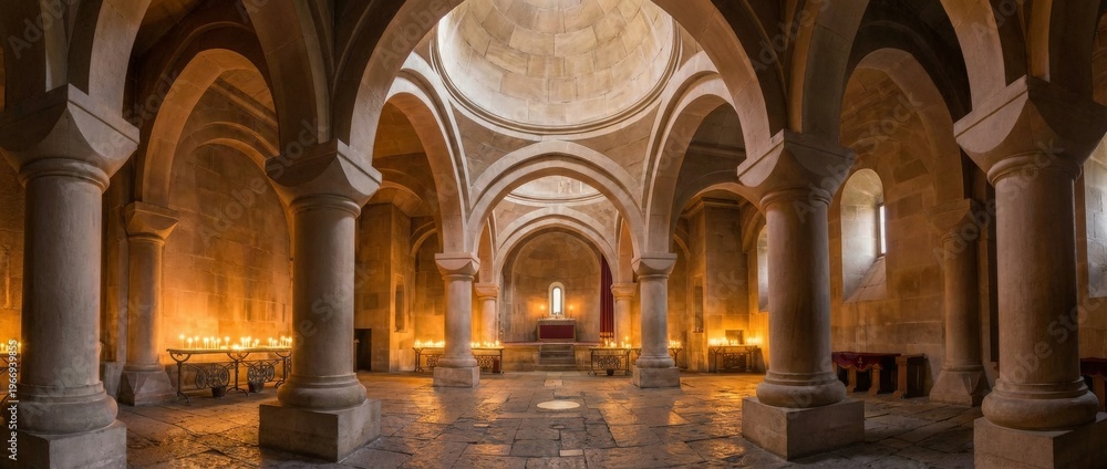 Obraz premium Interior of an Armenian church with stone arches, columns, and warm candlelight creating a serene atmosphere.