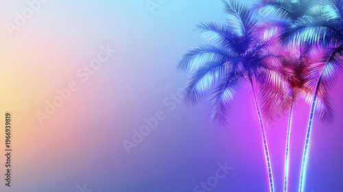 Neon palm trees create vibrant tropical atmosphere with colorful hues of blue, pink, and purple