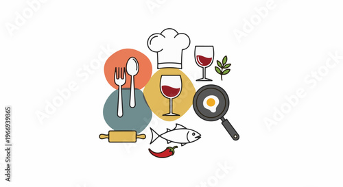 Culinary icons chef hat, wine, fish, egg, spices, and utensils