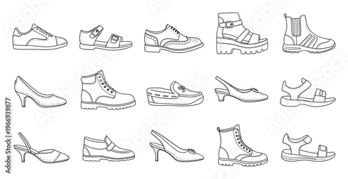Collection of diverse footwear styles presented as simple black and white outline drawings, perfect for educational materials, apparel catalogs, or trendy graphic projects.