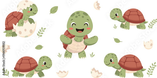 Cute baby turtle set cartoon tortoise characters hatching from eggs kawaii wildlife animals vector illustration collection