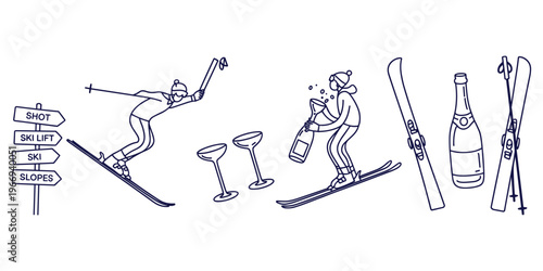 Skiing celebration with champagne and ski equipment in a line art style Keywords: skiing skier ski lift slopes sign champagne