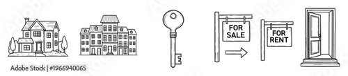 Various real estate icons featuring a classic detached house, modern apartment building, skeleton key, and for sale and for rent signs, perfect for housing market brochures and property