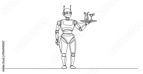 Humanoid service robot holding a tray with two refreshing cocktails, depicted in a minimalist continuous line style, ideal for technology hospitality and automation concepts