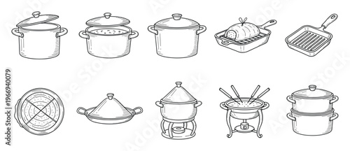 Diverse hand drawn cooking pots, roasting pans, grill pan, steamer, and fondue pot for culinary presentations, kitchen appliance websites, and recipe illustrations