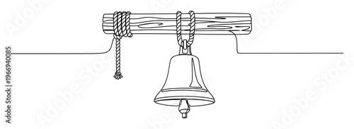 Minimalist continuous line drawing depicting a traditional bell suspended from a rustic wooden beam by a sturdy rope, suitable for event promotions, historical graphics, or simple