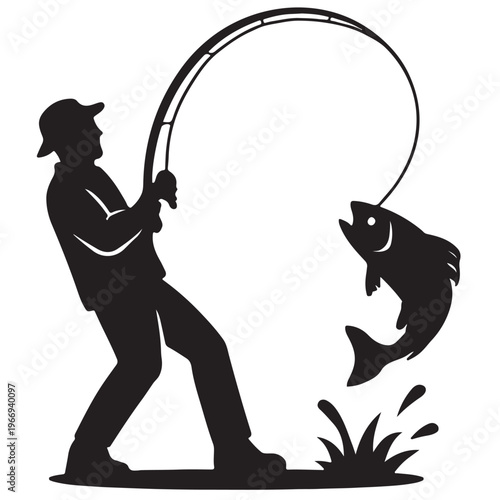 Silhouette of a Fisherman: A silhouetted image captures the moment a fisherman, silhouetted against an undefined background, reels in a leaping fish, the fishing rod bent taut with the struggle.