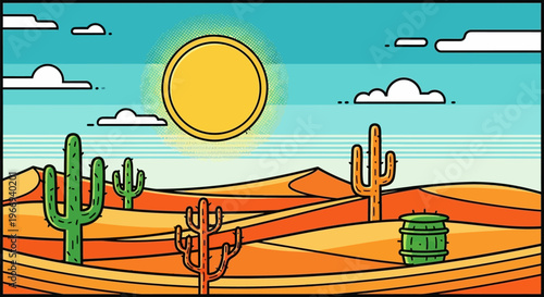 Vibrant desert landscape with cacti, sand dunes, barrel, and sun under a blue sky.