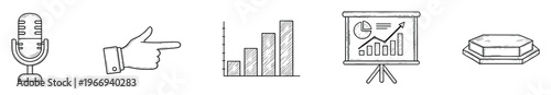 Hand drawn collection of essential business and communication icons including a microphone, pointing hand, bar chart, presentation board, and hexagonal pedestal for various marketing and