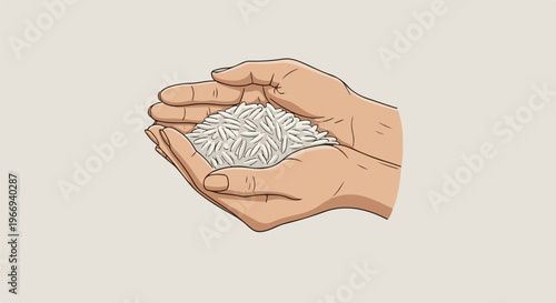 Cupped hands hold a pile of uncooked white rice grains