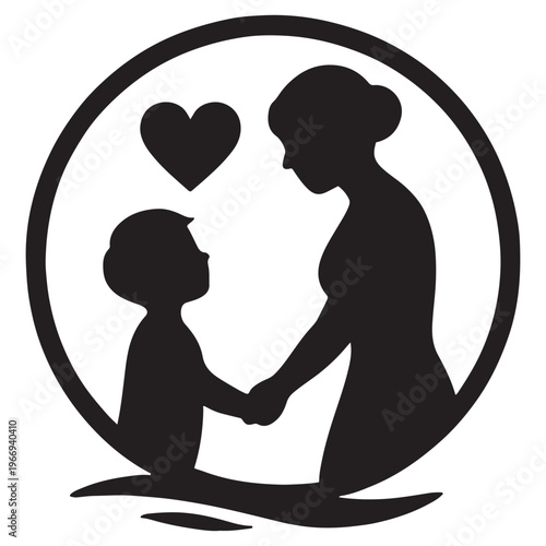 Cherished Bond: A silhouette of a mother tenderly holds her child's hand, a symbol of unwavering love and protection, as a heart floats above them, encapsulating the essence of familial connection.