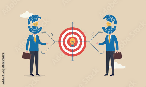 Understanding,red bullseye target communication concept, businessmen partner open their head to connect lightbulb jigsaw