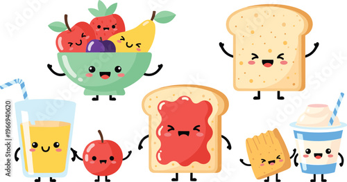 Cute breakfast food characters set bread jam juice fries milk fruit bowl kawaii cartoon vector illustration collection
