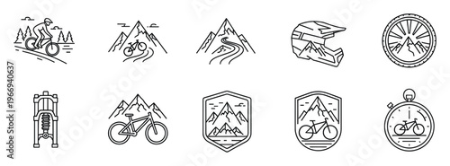 Monoline icons for mountain biking adventures, featuring a cyclist, bike, helmet, mountains, suspension, wheel, and stopwatch, perfect for outdoor sports branding and active lifestyle