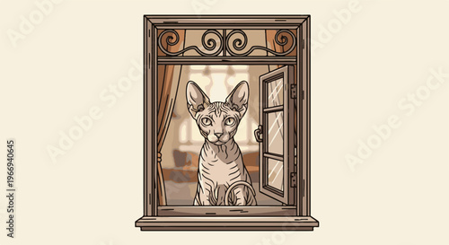 Curious hairless cat peers from an open window with ornate frame
