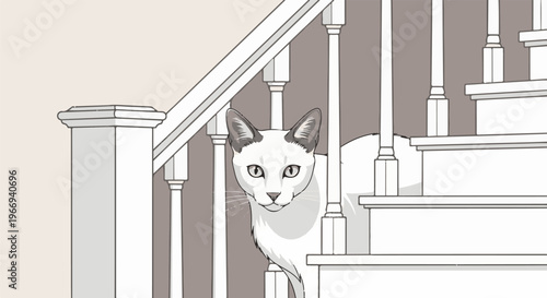 Curious white cat peeking from behind a staircase railing
