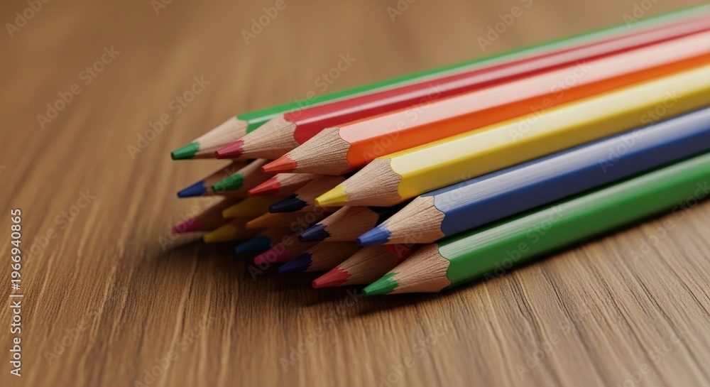 Fototapeta premium Vibrant colored pencils arranged on wooden surface for art and design