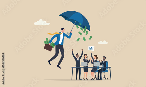 Success teams achieve financial independence and quit routine job concept, happy wealthy businessman flying with his umbrella holding briefcase with money banknote