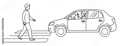 A man walks on a designated crosswalk as a driver in a car stops and waves, symbolizing pedestrian safety and respectful traffic interaction for public awareness campaigns or training