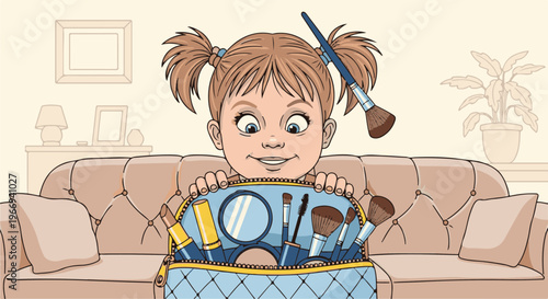 Curious young child with pigtails peeking over a makeup bag on a couch