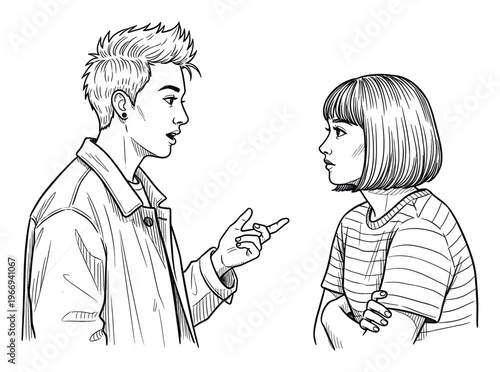 Young Asian man and woman actively engaged in a dynamic conversation discussing ideas and communicating while one gestures illustrating a point for educational and social media use