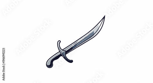 Curved metallic blade with a dark handle and guard