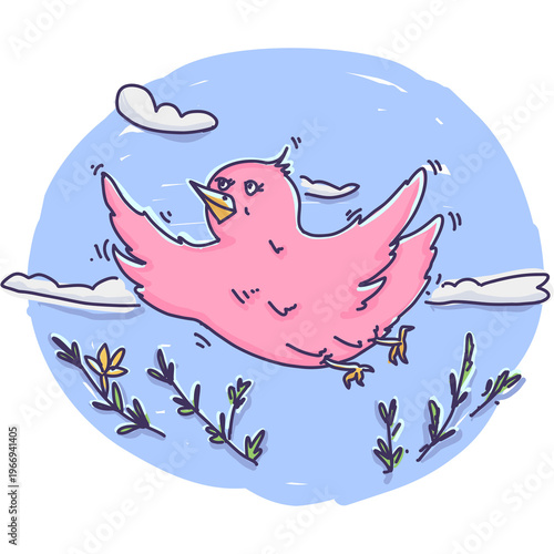 Cartoon Illustration of a cheerful pink bird flying in a blue sky above the trees and clouds. Spring graphic element on transparent background.