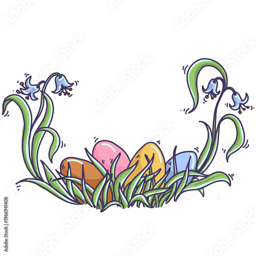 Composition with Easter eggs in a green gras and wildflowers. Spring graphic element on transparent background.